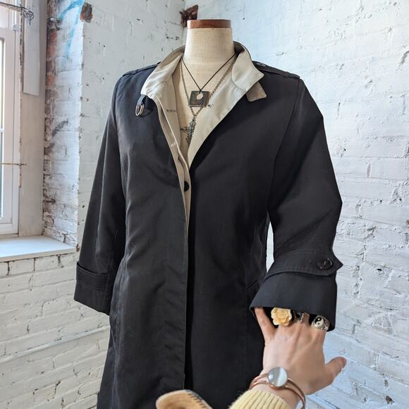 Vintage Black Trench Coat Longline Minimalist Wool Coat Duster Jacket Medium - Picture 2 of 9